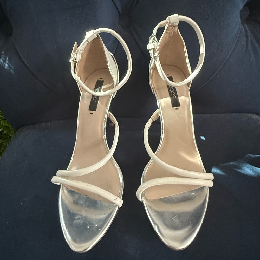 Zara Elegant White & Silver Strappy Sandals